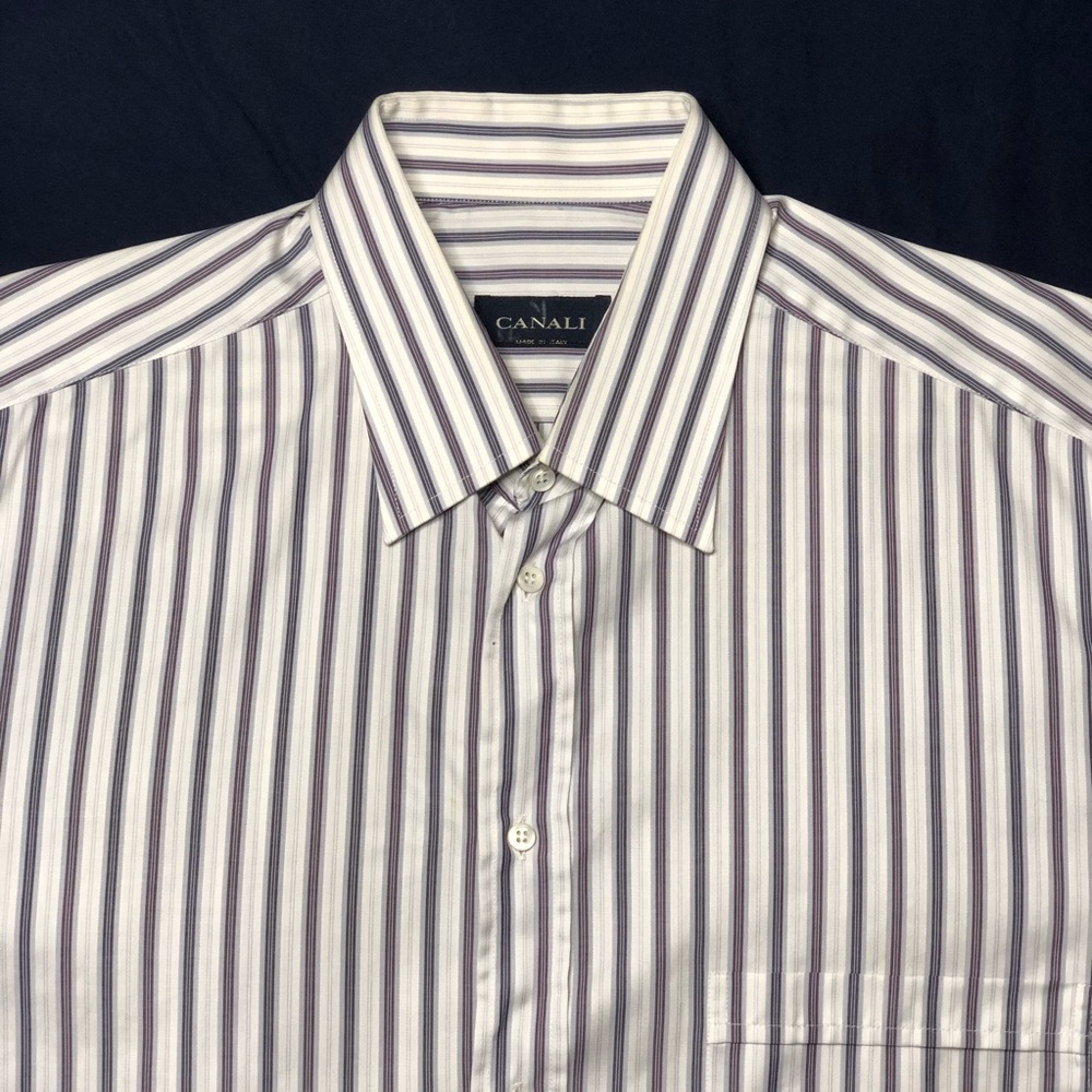 Canali Sz 17 Purple Stripe Cotton Dress Shirt